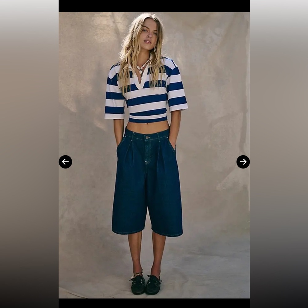 We The Free curvy Antonia crop Indigo Denim Shorts with Brown Leather Patch - Picture 5 of 10